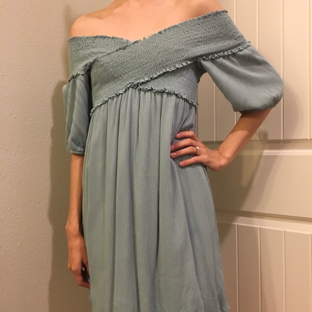 Dusty Blue Off The Shoulder Dress